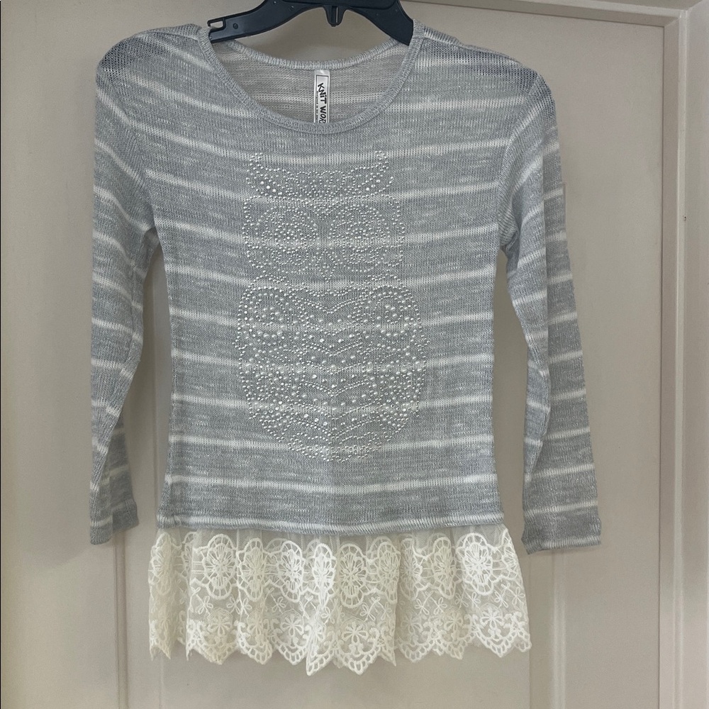 Gray and Cream Long Sleeve Striped Blouse with Lace Trim